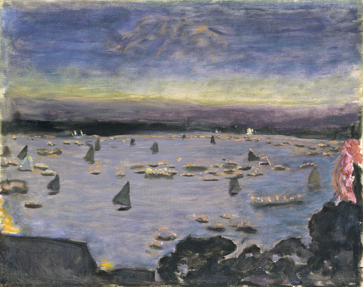 Impressionistisches Gemälde der Außenalster mit beleuchteten Segelbooten bei Dämmerung