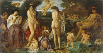 Gemälde: Mythologische Szene mit drei sich entkleidenden Frauen und einem Mann, der dabei zusieht