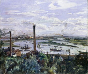 Gemälde von Industriehafenlandschaft mit Schornsteinen und Schiffen unter bewölktem Himmel