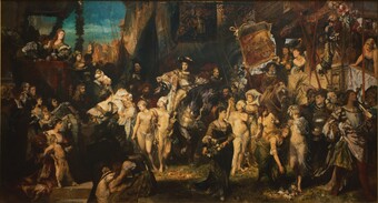 Historisches Gemälde: Der Einzug des Kaisers Karl V. in Antwerpen, in der Mitte auf einem Pferd sizend, umringt von Menschen