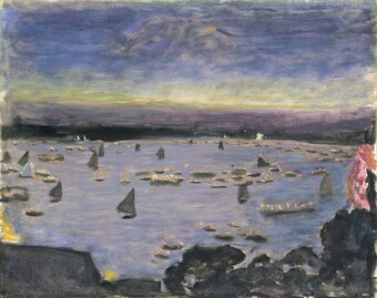 Impressionistisches Gemälde der Außenalster mit beleuchteten Segelbooten bei Dämmerung