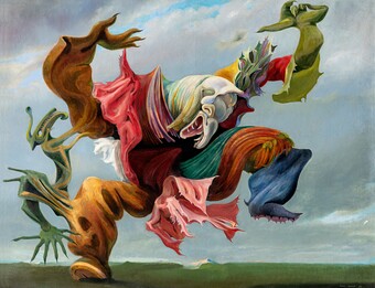 Max Ernst (1891–1976), Der Hausengel (Der Triumph des Surrealismus), 1937, Öl auf Leinwand, 114,2 x 146,5 cm, Collection Hersaint © Vincent Everarts Photography Brussels / VG Bild-Kunst, Bonn 2025