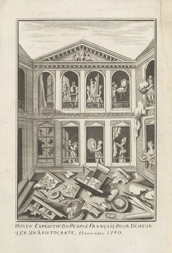 Radierung eines zweistöckigen Gebäudes mit klassischen Säulen, das zerstört wurde und Figuren in den Fenstern, die aufräumen