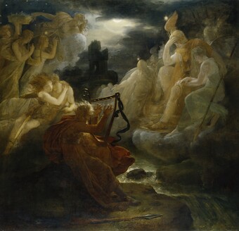 Dramatisches Gemälde einer himmlischen Vision mit Geistern in goldenem Licht und kniender Figur, die diese beschwört