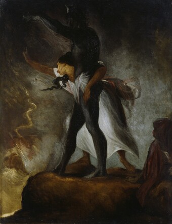 Gemälde zweier Figuren auf Felsen einem Felsen, dramatische Szene, im Hintergrund ein brennnendes Schiff