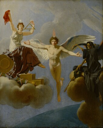 Gemälde dreier Figuren auf Wolken: links Iustitia, die Göttin der Gerechtigkeit, mittig ein Engel, rechts der Sensenmann