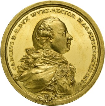 Goldmedaille mit Porträtrelief einer historischen Person im Profil nach rechts