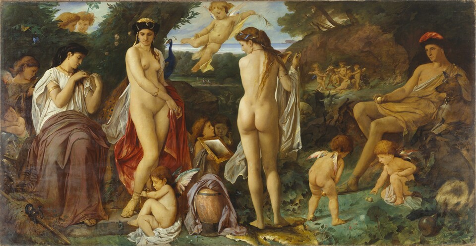 Gemälde: Mythologische Szene mit drei sich entkleidenden Frauen und einem Mann, der dabei zusieht