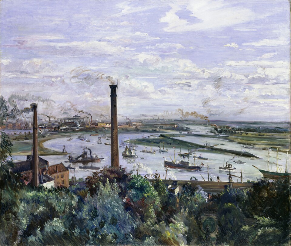 Gemälde von Industriehafenlandschaft mit Schornsteinen und Schiffen unter bewölktem Himmel