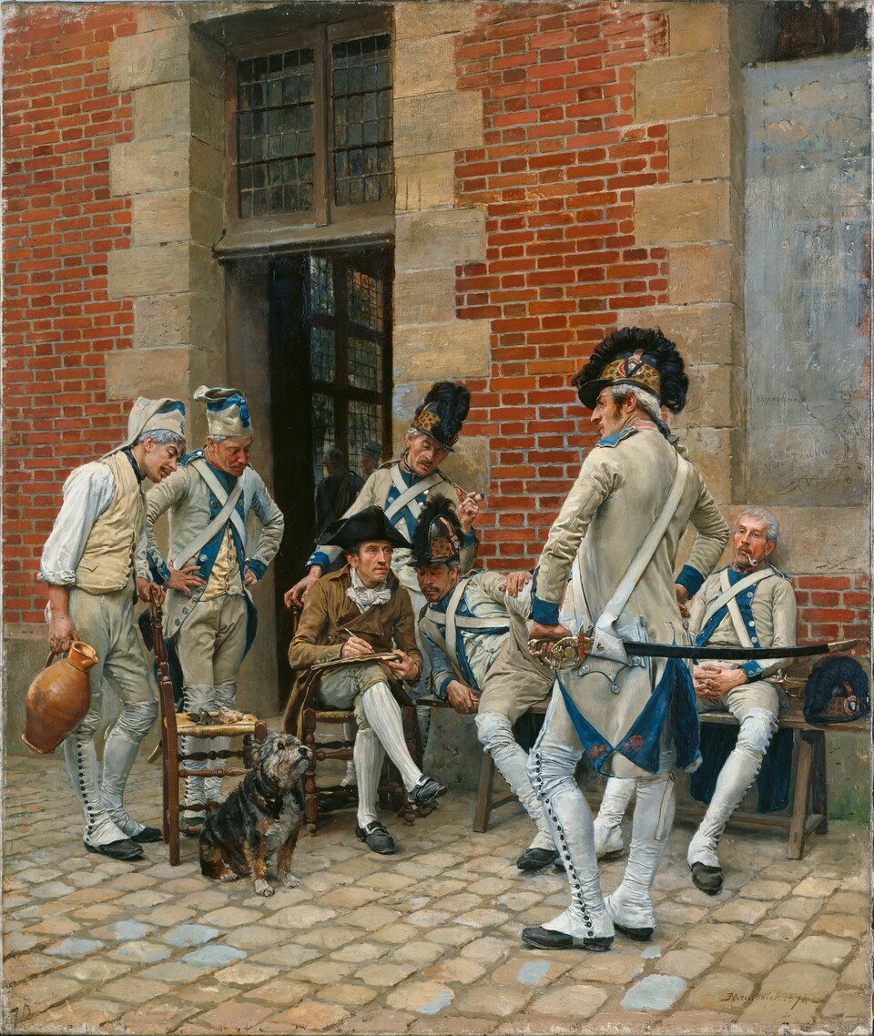 Gemälde von Soldaten in weißen Uniformen, die dabei zusehen, wie einer von ihnen portraitiert wird