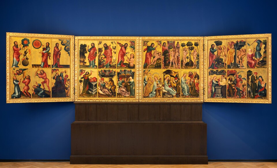 Acht goldene religiöse Gemälde mit mittelalterlichen Szenen