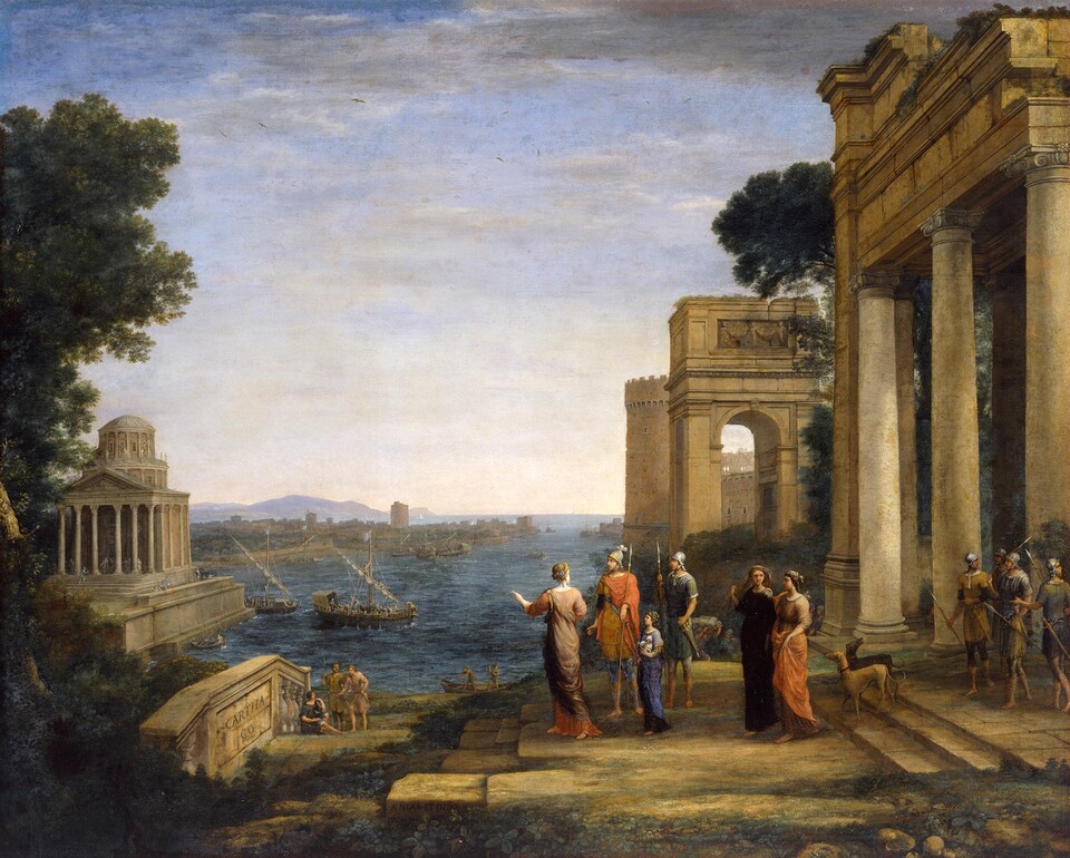 Klassisches Gemälde mit antiken Ruinen am Wasser, Figuren in historischer Kleidung im Vordergrund