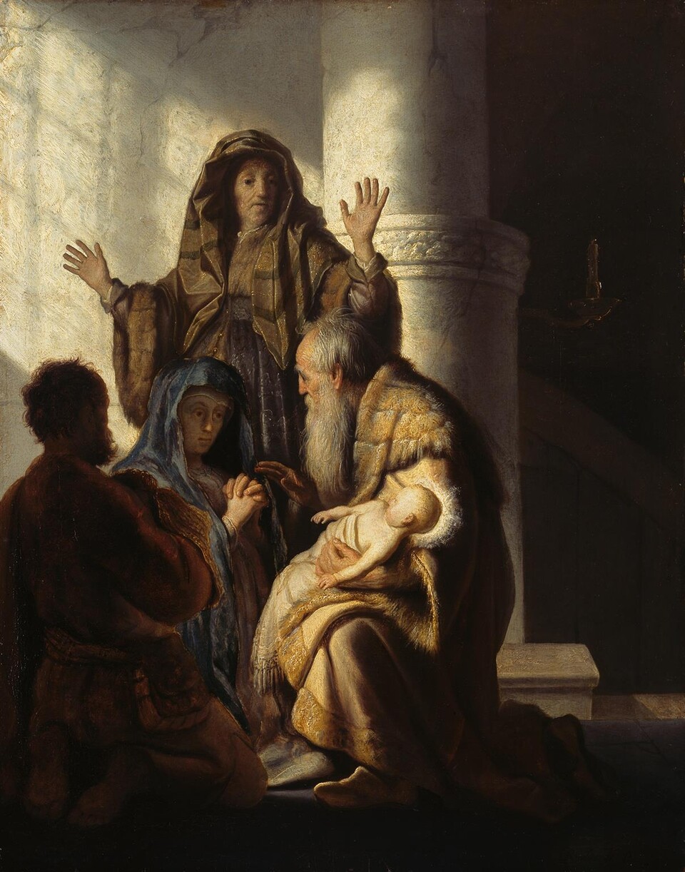 Rembrandt-Gemälde: Hanna präsentiert ihren Sohn Samuel im Tempel, warmes Licht von links