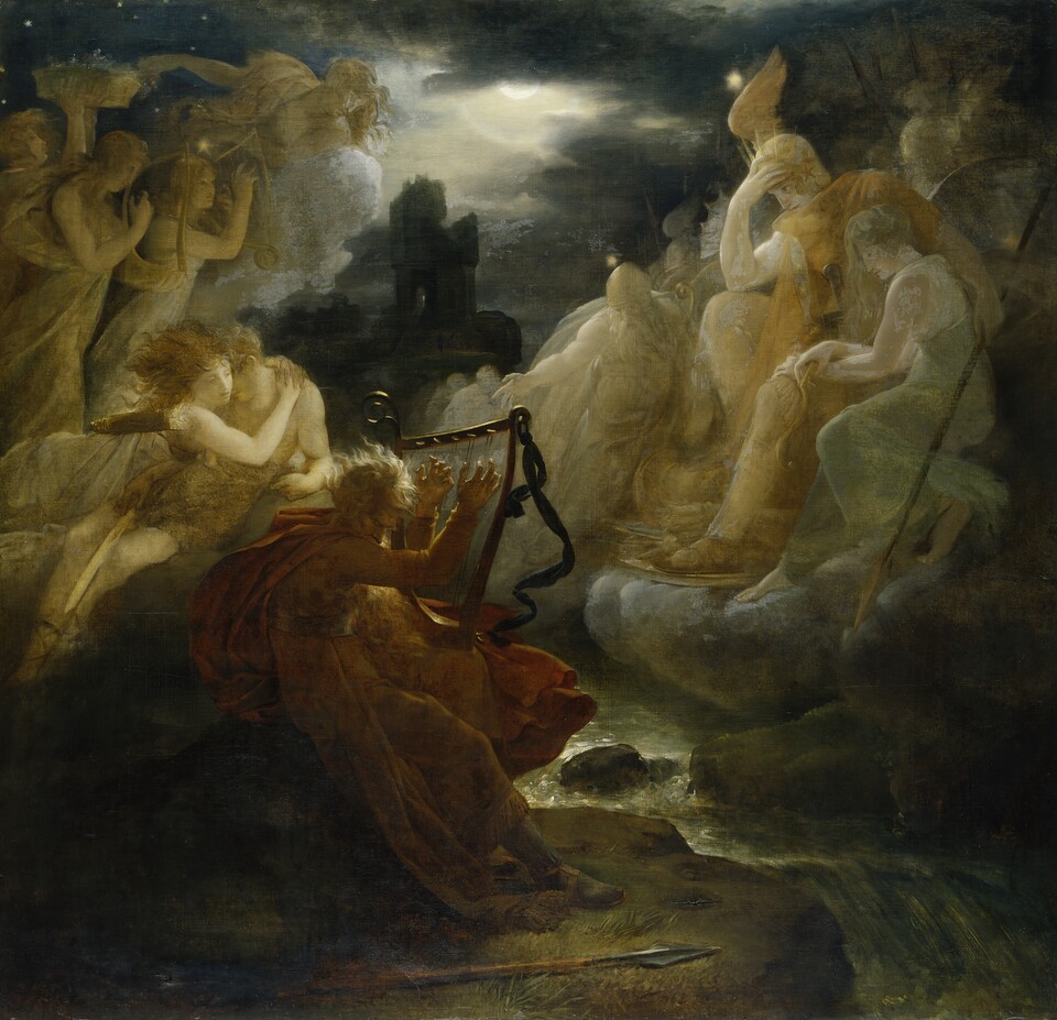 Dramatisches Gemälde einer himmlischen Vision mit Geistern in goldenem Licht und kniender Figur, die diese beschwört