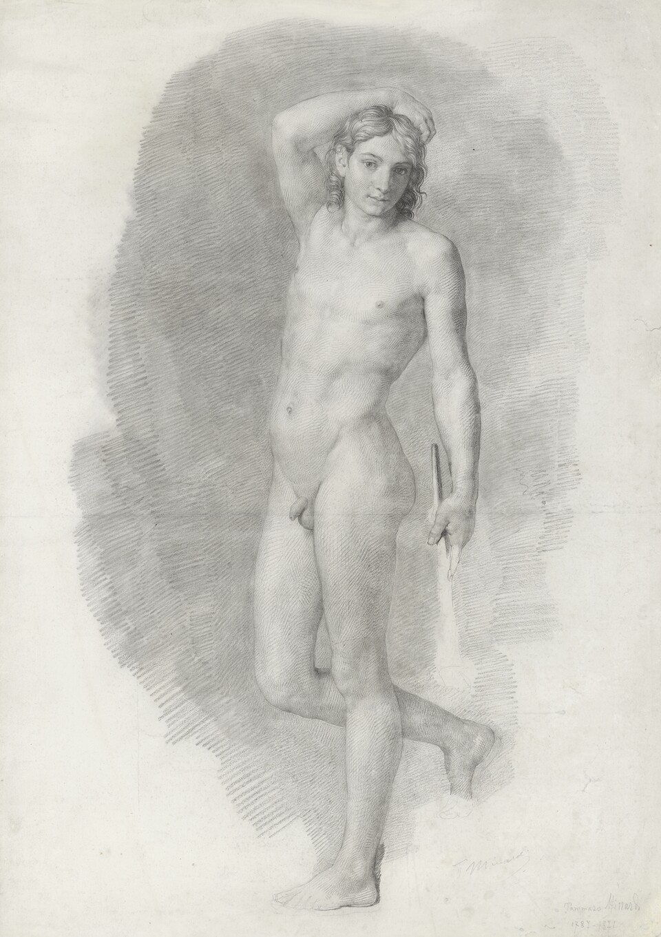 Gezeichnete Studie einer stehenden nackten männlichen Figur in klassischer Pose
