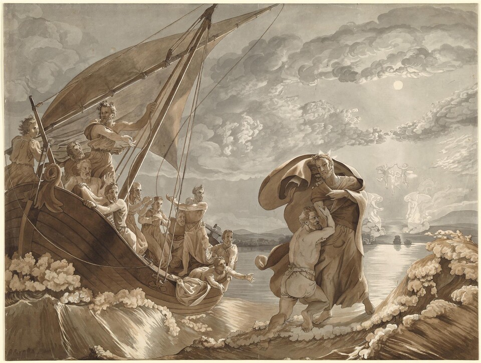 Gemälde des Heiligen Petrus, der einen Mann vor dem Ertrinken rettet, ein Segelboot auf stürmischem Meer im Hintergrund
