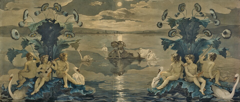Aquarellzeichnung einer Seelandschaft mit Schwänen und nackten musizierenden Menschen, eine Person reitet auf einem Fisch