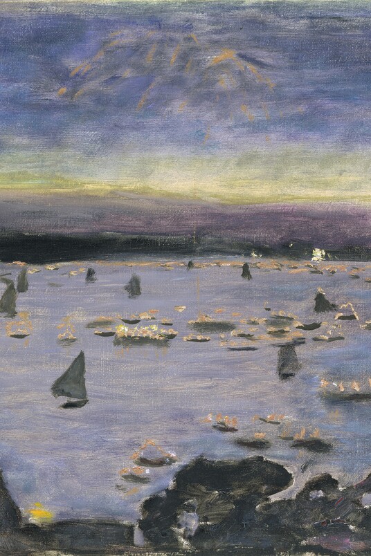 Impressionistisches Gemälde der Außenalster mit beleuchteten Segelbooten bei Dämmerung