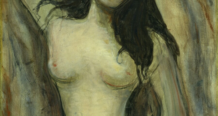 Expressionistisches Gemälde einer nackten Frau mit langen dunklen Haaren und Heiligenschein