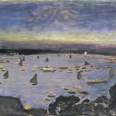 Impressionistisches Gemälde der Außenalster mit beleuchteten Segelbooten bei Dämmerung