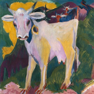 Expressionistisches Gemälde eines weißen Kalbs mit bunten Pinselstrichen