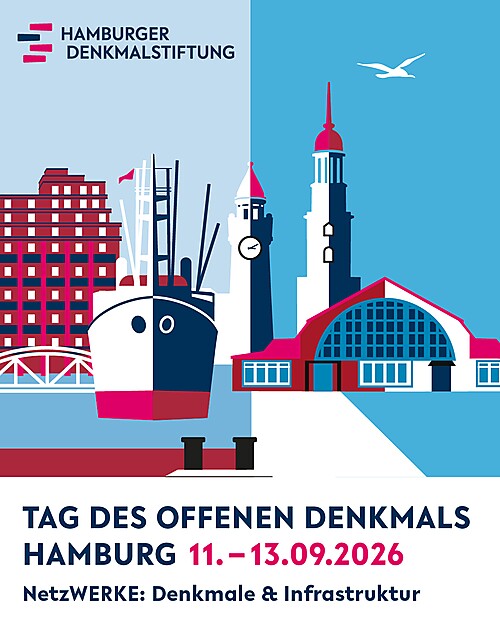 Tag des offenen Denkmals Hamburg Plakat mit Skyline-Silhouette in Rot, Weiß und Blau
