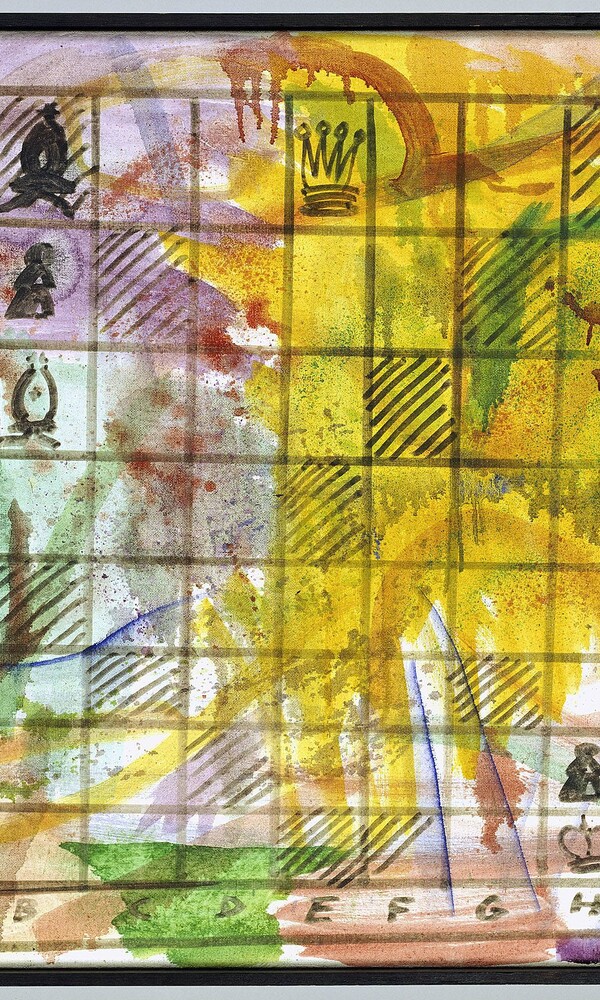 Abstraktes Kunstwerk mit bunten Farbfeldern in Rot, Gelb, Grün und Blau mit Gitterstruktur